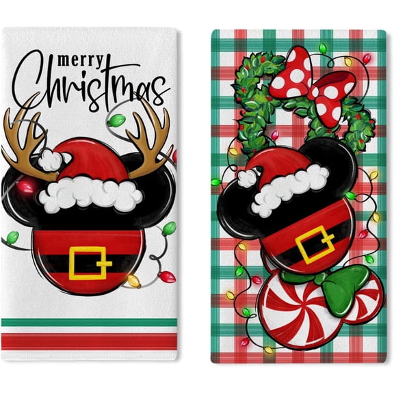 Merry Christmas Kitchen Dish Towels Set of 2, Xmas Wreath Peppermint Candy Drying Hand Towels Baking Cooking Cloth, Plaid Check Farmhouse Winter Home Kitchen Decoration 18 x 26