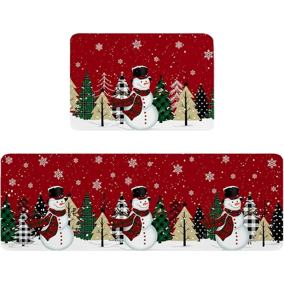 Merry Christmas Kitchen Mat Rug Set of 2 Snowman Buffalo Plaid Xmas Tree Red Runner Rug Anti-Fatigue Comfort Memory Foam Standing Mat Non-Slip Floor Door Mat for Bathroom Bedroom 18x30in+18x48in