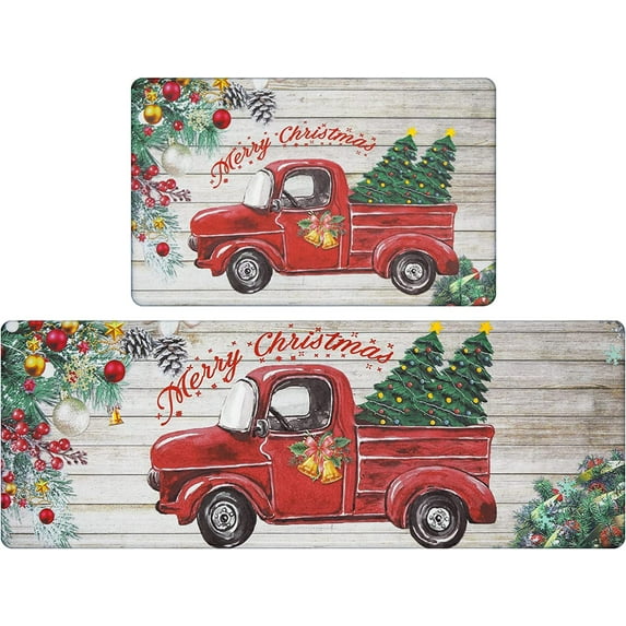 Merry Christmas Kitchen Mat Set of 2 Cushioned Farmhouse Anti Fatigue Kitchen Rug Waterproof Non Slip Kitchen Mats and Rugs PVC Foam Comfort Rug Carpet for Christmas Holiday Decoration