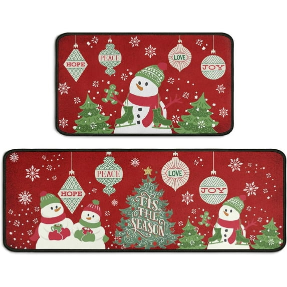 Merry Christmas Kitchen Mats for Floor Set of 2,Christmas Snowman Christmas Tree Kitchen Decor Rugs, Holiday Comfort Standing Red Kitchen Rug and Mat, 17'''' X 47'''' + 17'''' X 30''''
