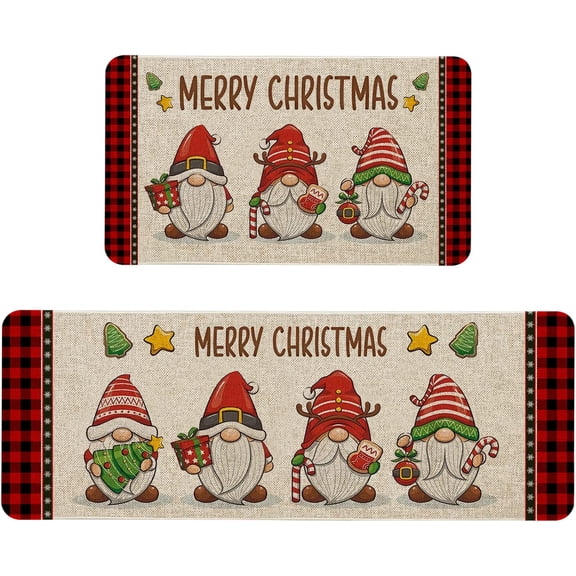 Merry Christmas Kitchen Mats Set of 2, Anti Fatigue Waterproof Stain Resistant Floor Rug Red Gnome Decorative Non Slip Cushioned Floor Mat - 17x29 and 17x47 Inch