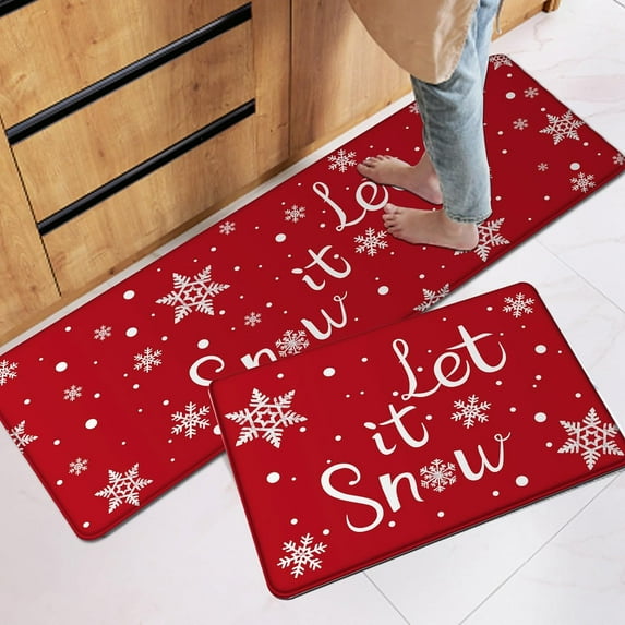 Merry Christmas Kitchen Mats Set of 2 Red Xmas Let It Snow Kitchen Rugs Set Snow Flake Kitchen Mats for Floor Cushioned Anti-Fatigue Kitchen Mat Kitchen Decor Floor Mats for Home