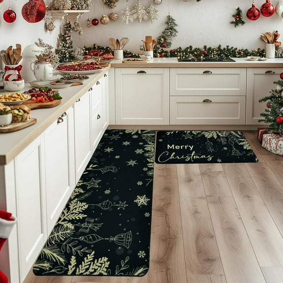 Merry Christmas Kitchen Mats Set of 2 Xmas Pine Branches Leaves Bells Snowflake Winter Christmas Decor Low-Profile Christmas Kitchen Rugs for Floor, 17x30 and 17x47 Inches