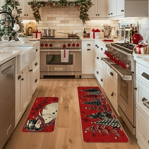 Merry Christmas Kitchen Rugs - 2 Piece Mat Set (16"x24"+16"x48") for Floor Protection,Water Absorption & Festive Decor - Non-Slip Backing for Kitchen/Dining Room