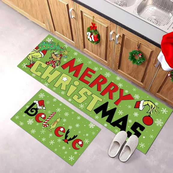 Merry Christmas Kitchen Rugs and Mats Set of 2, Believe Christmas Kitchen Decor Mat Non Slip Rugs Outdoor Doormat Cushioned Christmas Runner Rug for Kitchen Farmhouse - 17"x 29" & 17"x 47"