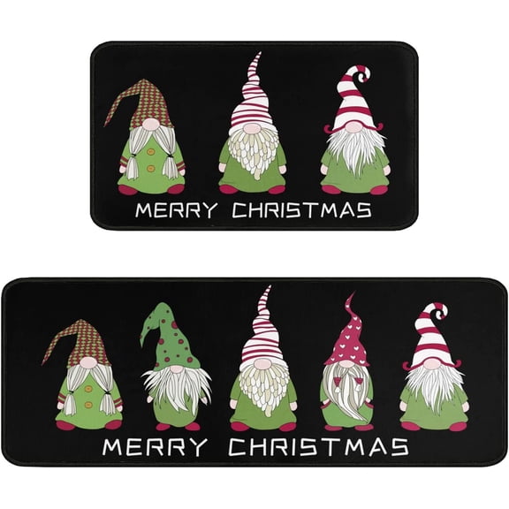 Merry Christmas Kitchen Rugs and Mats Set of 2,Black Christmas Gnome Kitchen Decoration,Non Slip Absorbent Kitchen Mat for Sink Waterproof Runner Rug for Laundry Room
