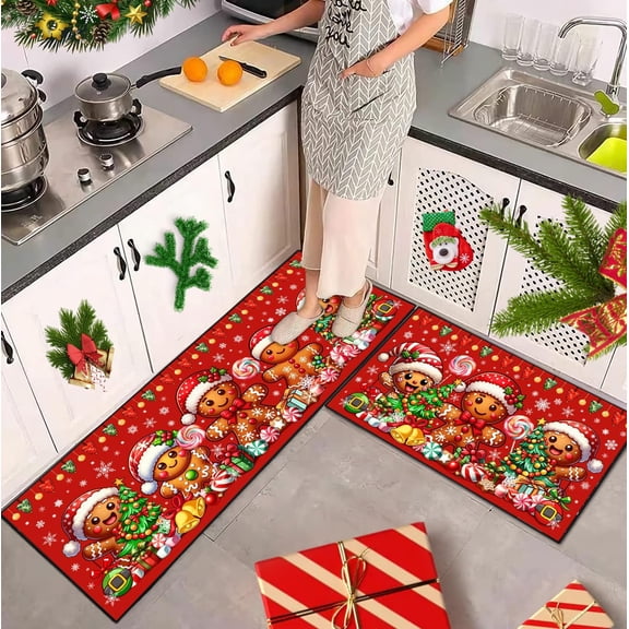 Merry Christmas Kitchen Rugs and Mats Set of 2, Gingerbread Man Winter Xmas Holiday Home Kitchen Decor Floor Mats, Washable Non-Slip Sink Carpet 17"x47"+17"x30"