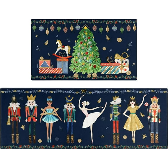 Merry Christmas Kitchen Rugs and Mats Set of 2,Nutcrackers Xmas Winter Holiday Sink Floor Mat Non Skid Washable for Home Farmhouse Christmas Decor 17"x47"+17"x30"
