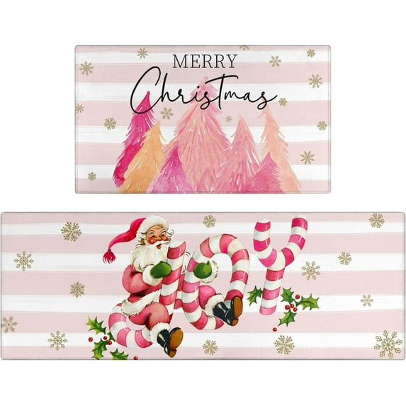 Merry Christmas Kitchen Rugs and Mats Set of 2,Pink Christmas Trees Santa Claus Joy Xmas Winter Holiday Sink Floor Mat Non Skid Washable for Home Farmhouse Christmas Decor 17"x47"+17"x30"