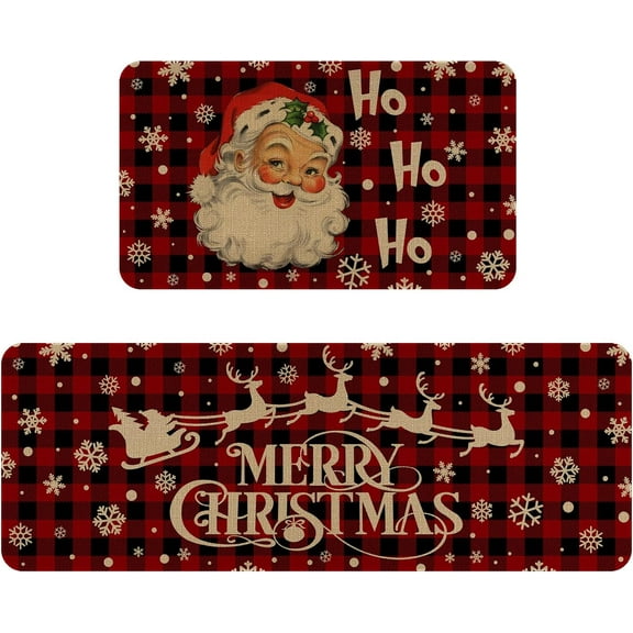 Merry Christmas Kitchen Rugs and Mats Set of 2,Red Christmas Santa Buffalo Plaid Kitchen Decoration,Non Slip Absorbent Kitchen Mat Waterproof Runner Rug for Laundry Room and Sink