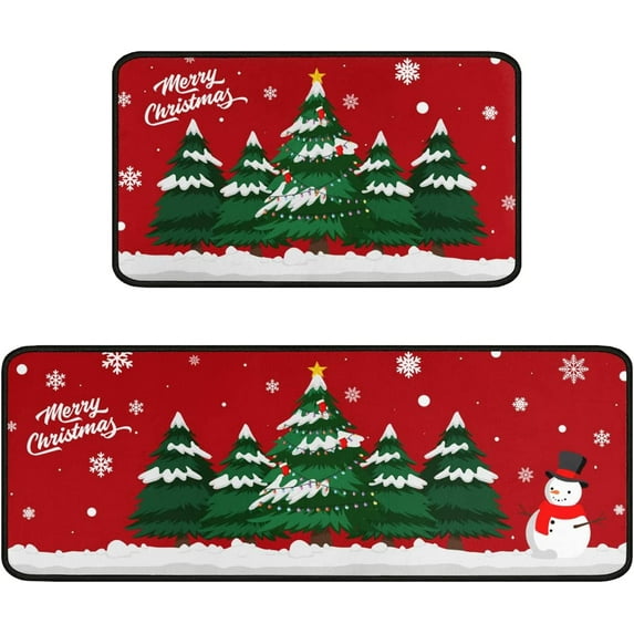 Merry Christmas Kitchen Rugs and Mats Set of 2,Red Christmas Tree Kitchen Decoration,Non Slip Absorbent Kitchen Mat Waterproof Runner Rug for Laundry Room and Sink 17x 48+17x30 Inches