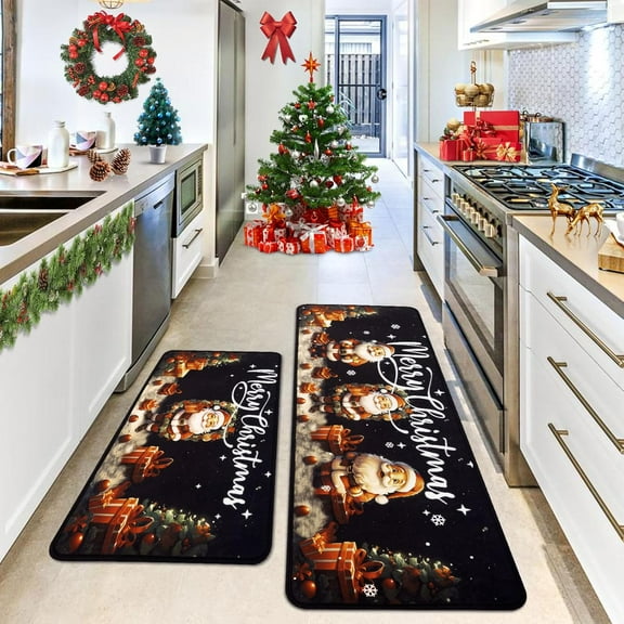 Merry Christmas Kitchen Rugs Set of 2,Cute Santa Claus and Gift Theme Xmas Home Decor,Christmas Non-Slip Washable Mat for Floor - 17x 30 + 17x47 inches