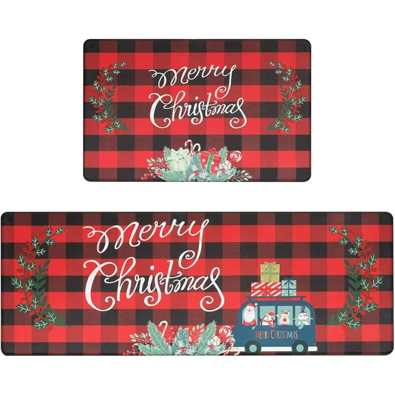 Merry Christmas Kitchen Rugs Set of 2, Farmhouse Red Buffalo Plaid Kitchen Floor Mat, Non Slip Anti Fatigue Kitchen Mats for Floor, Cushioned Kitchen Rug Set Christmas Decorations for Home