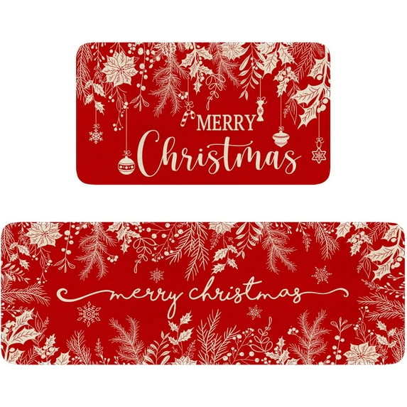 Merry Christmas Kitchen Rugs Set of 2,Holly Pine Branches Leaves Mat for Floor,Red Winter Holiday Non-Slip Kitchen Sink Mats Kitchen Decor Doormat+Runner Rug