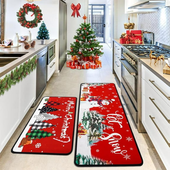 Merry Christmas Kitchen Rugs Set of 2,Non-Slip Washable Kitchen Floor Mat,Xmas Snowman Christams Tree Decorative Runner Rug 17"x47"+17"x30"