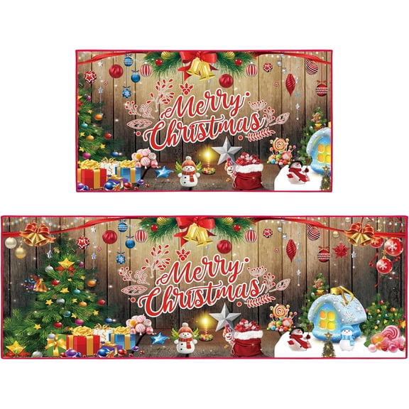 Merry Christmas Kitchen Rugs Set of 2 Red Winter Holiday Non-Slip Kitchen Sink Mats Kitchen Decor Doormat+Runner Rug 17"x47"+17"x30" (Merry C)