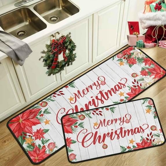 Merry Christmas Kitchen Rugs and Mats Set 2 PCS, Red Floral Kitchen Mats for Floor, Christmas Decorations for Home Kitchen (17"x47"+17"x30")