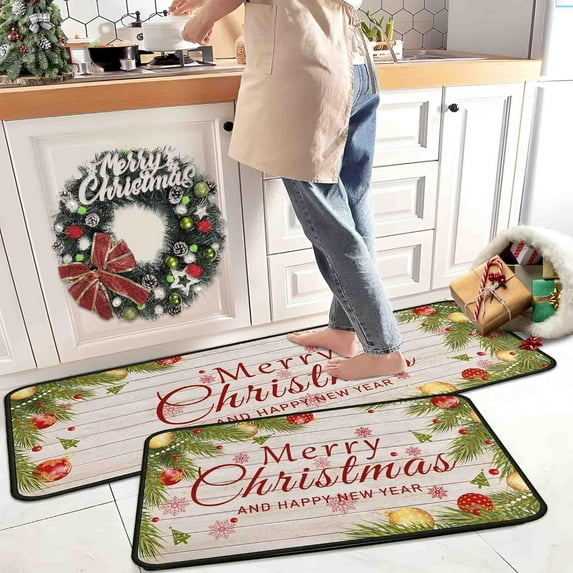 Merry Christmas Kitchen Rugs and Mats Set, Xmas Indoor Floor Mats for Winter, Merry Christmas (17"x47" + 17"x30")