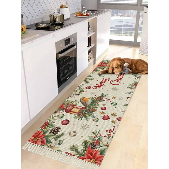 Merry Christmas Kitchen Runner Rug 2x4 Bedside Rug with Tassel Cotton Woven Throw Rugs Washable Hallway Runner Rugs Red Poinsettia Xmas Tree Snowflake Winter Rustic Floor Carpet for Bedroom Bathroom