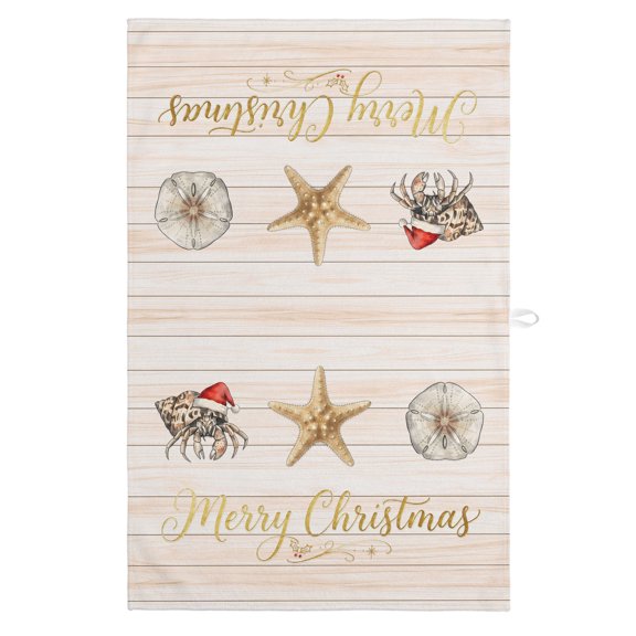 Merry Christmas Kitchen Towels Dish Towel Pack of 1 Winter Hermit Crab Starfish Sand Dollar Wood Grain Soft Dish Cloth Set Absorbent Dishcloth for Drying Dishes, Hand Towels 18 x 28 Inches