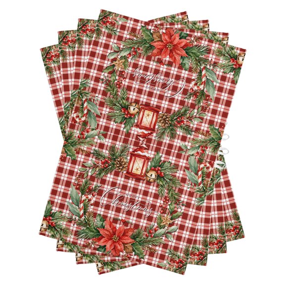 Merry Christmas Kitchen Towels Dish Towel Pack of 4 Winter Red Poinsettia Wreath Hanging Bell Berry Soft Dish Cloth Set Absorbent Dishcloth for Drying Dishes, Hand Towels 18 x 28 Inches