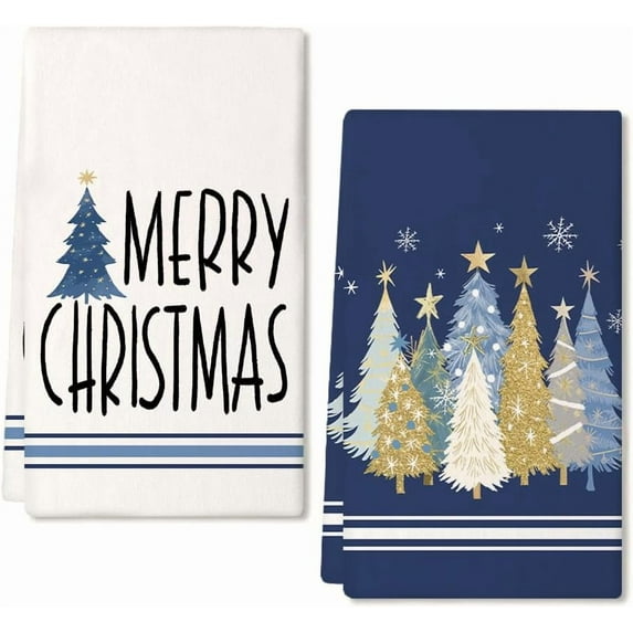 Merry Christmas Kitchen Towels Set of 2,Blue Xmas Tree Dish Hand Towels Holiday Home Indoor Bathroom Party Seasonal Noel Decorations