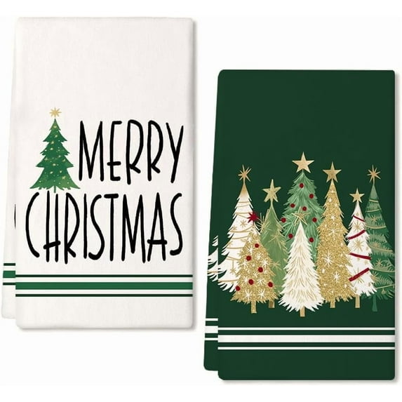 Merry Christmas Kitchen Towels Set of 2,Green Xmas Tree Dish Hand Towels Holiday Home Indoor Bathroom Party Seasonal Noel Decorations DD026