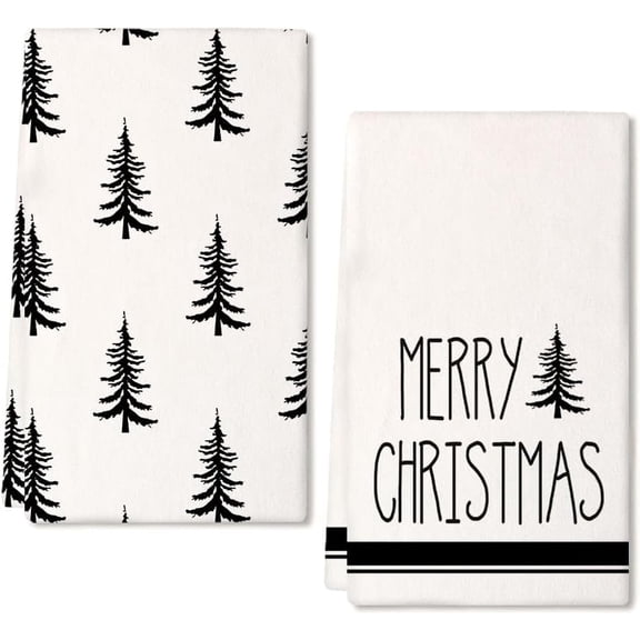 Merry Christmas Kitchen Towels Set of 2, Green Xmas Tree Snow Dish Hand Towels Holiday Home Indoor Bathroom Party Seasonal Noel Decorations
