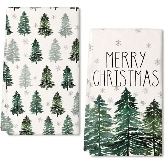 Merry Christmas Kitchen Towels Set of 2,Green Xmas Tree Snowflake Dish Hand Towels Holiday Home Indoor Bathroom Party Seasonal Noel Decorations