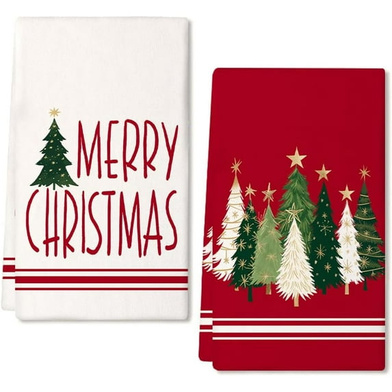 Merry Christmas Kitchen Towels Set of 2,Red Xmas Tree Dish Hand Towels Holiday Home Indoor Bathroom Party Seasonal Noel Decorations