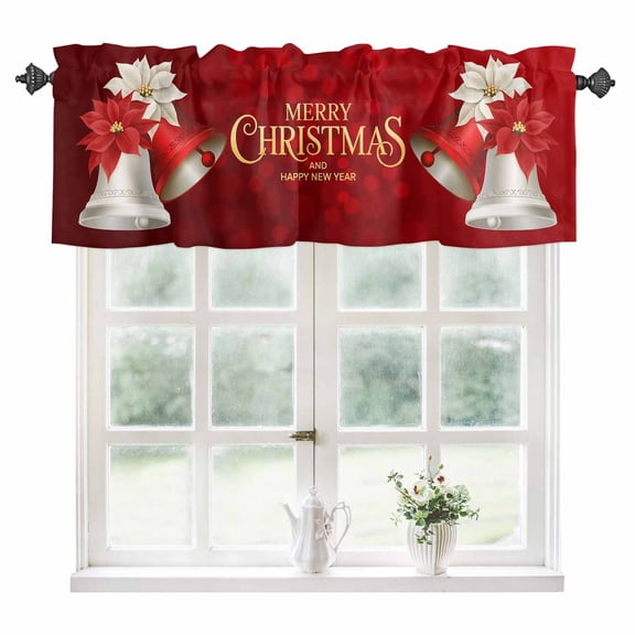 Merry Christmas Kitchen Valances for Windows 42x18 Inch Kitchen Curtains Valances Rod Pocket Xmas Bells Poinsettia Winter Holiday Bathroom Window Valances for Window Treatment Decor