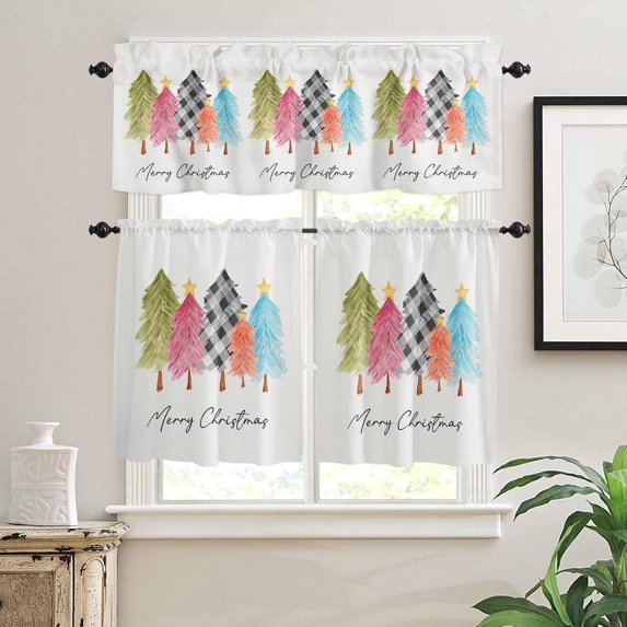 Merry Christmas Kitchen Window Curtain Set with Tiers and Valance, 3 Pieces Rod Pocket Valances Xmas Tree Watercolor Style Window Treatment Semi Sheer Kitchen Bedroom Farmhouse Decor (52"W x 18"L)
