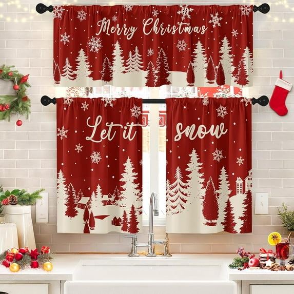 Merry Christmas Kitchen Window Curtains and Valances Set 36 Inch, Let it Snow Xmas Tree Winter Snowflakes Short Tier Curtain for Cafe Living Room Bathroom, Red 3 Pieces Set Kitchen Decor