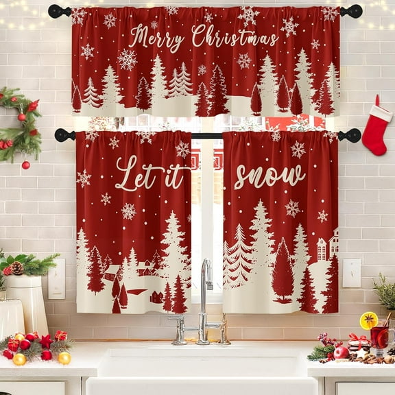 Merry Christmas Kitchen Window Curtains and Valances Set 36 Inch, Let it Snow Xmas Tree Winter Snowflakes Short Tier Curtain for Cafe Living Room Bathroom, Red 3 Pieces Set Kitchen Decor