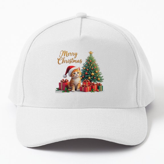 Merry Christmas Kitten Baseball Hat, Lovely Presents Holly Feline Graphic Design, Classic Cap