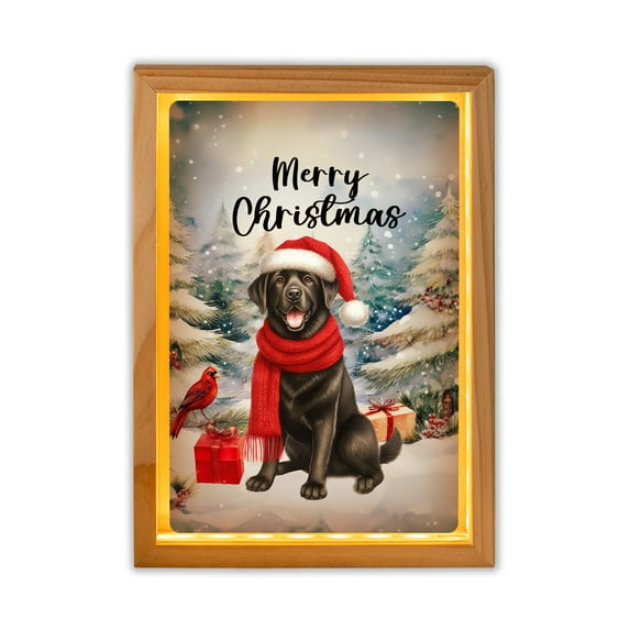 Merry Christmas Labrador Retriever Enjoys Woofmas Winter Xmas Holiday Acrylic Plaque with Wood Photo Frame Box Lab Dog Lover Gifts Light Box - 02022