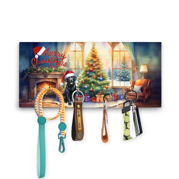 Merry Christmas Labrador Retriever Santa Hat Xmas Tree Winter Holiday Wood Key Holder Lab Dog Lover Gifts Wall-mounted Key Rack Home Decor - 01013