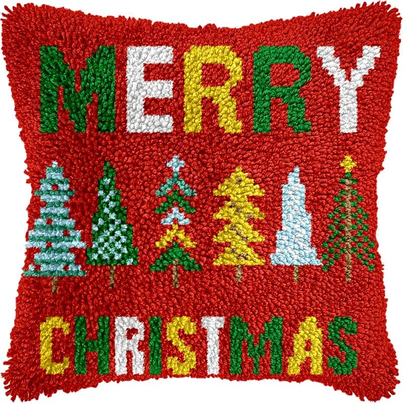 Merry Christmas Latch Hook Pillow Kits Pillow Cover with Pattern Printed Canvas Sofa Hooking Pillowcase Cushion Crafts Embroidery Latch Hooking Crochet Starter Kits 17x17 inch(1)