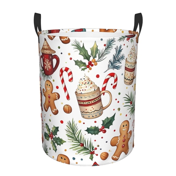 Merry Christmas Laundry Basket & Hamper - High Quality Oxford Cloth Collapsible Round Storage with Festive Holiday Design(Gingerbread, Candy Canes, Snowmen)-Large 19.6x15.7 Inch Decorative Organizer