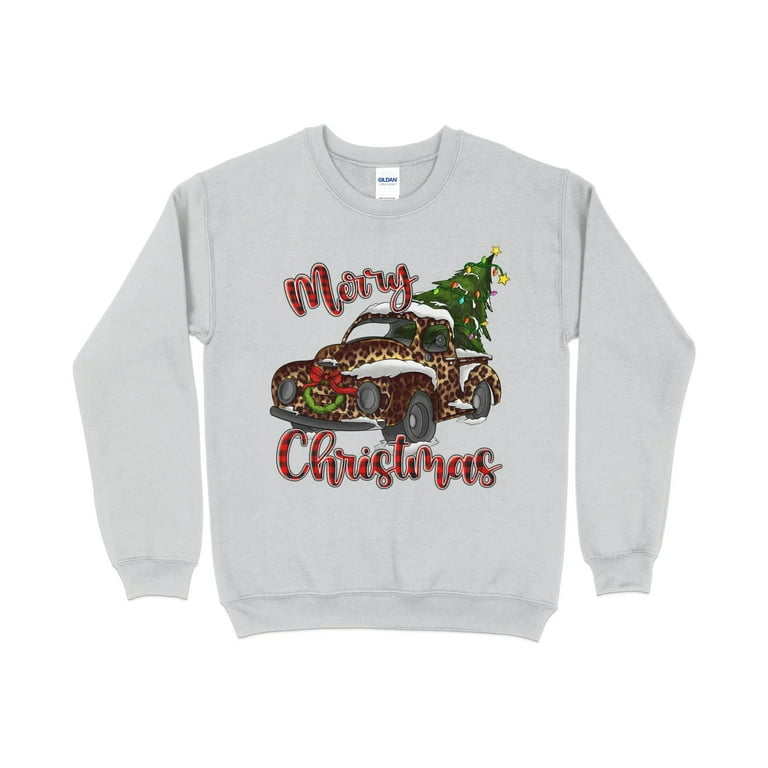 Merry Christmas Leopard Print Truck Sweatshirt, Christmas Sweater