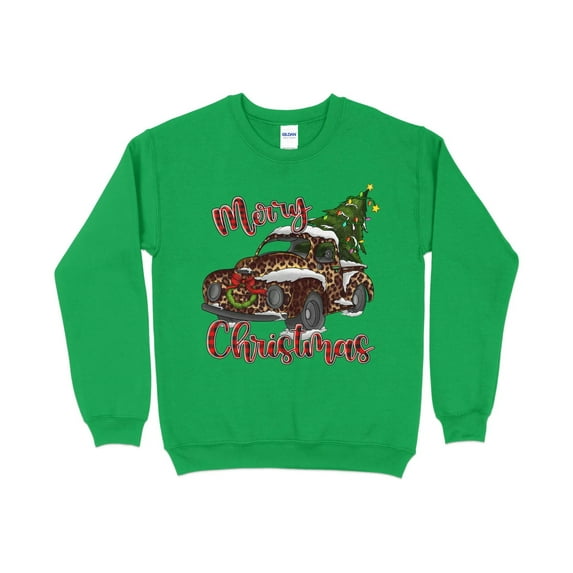 Merry Christmas Leopard Print Truck Sweatshirt, Christmas Sweater for Women, Christmas Gift for Women, Holiday Sweater, Xmas Shirt