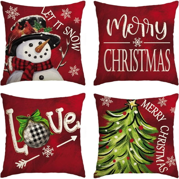 Merry Christmas Let It Snow Love Snowman Red Throw Pillow Covers, 18 x 18 Inch Xmas Tree Holiday Cushion Case Decoration for Sofa Couch Set of 4