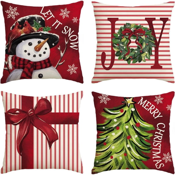 Merry Christmas Let It Snow Joy Stripes Gift Box Red Throw Pillow Covers, 16 x 16 Inch Xmas Tree Holiday Cushion Case Decoration for Sofa Couch Set of 4