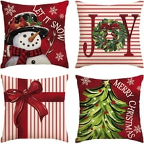 Merry Christmas Let It Snow Joy Stripes Gift Box Red Throw Pillow Covers, 18 x 18 Inch Xmas Tree Holiday Cushion Case Decoration for Sofa Couch Set of 4