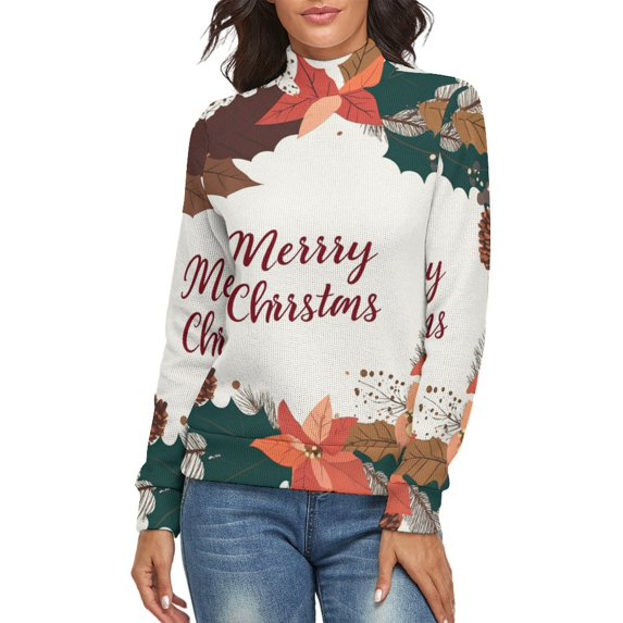 Merry Christmas Lettering Wreath Leanfs Women's Turtleneck Sweater Long Sleeve Ribbed Fitted Turtle Neck Casual Fall Winter Collection Top L