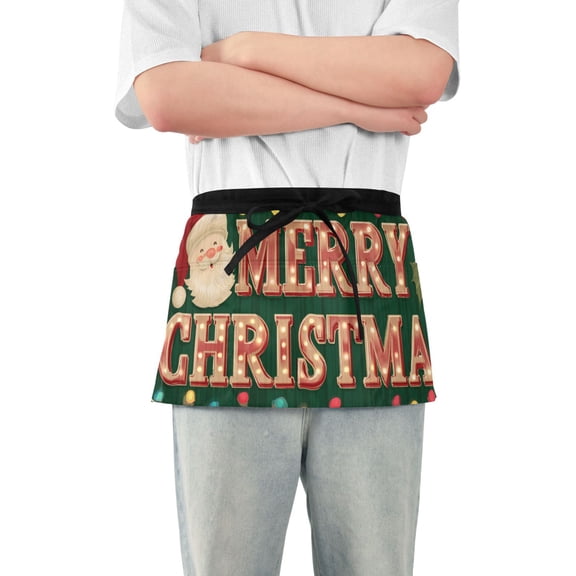 Merry Christmas Light Board Short Server Apron with 3 Pockets for Unisex Chef Gardening