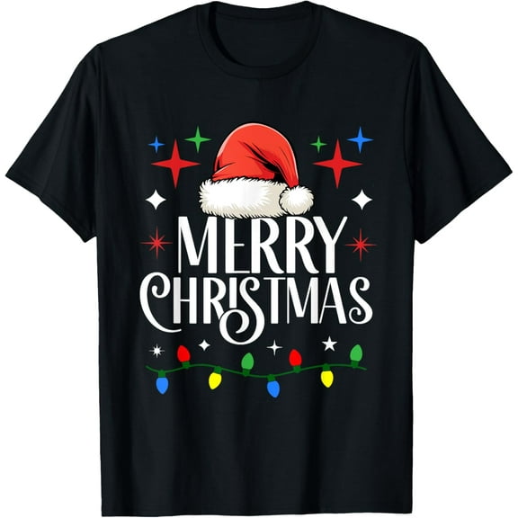 Merry Christmas Lights Red Santa Hat Family Holiday T-Shirt