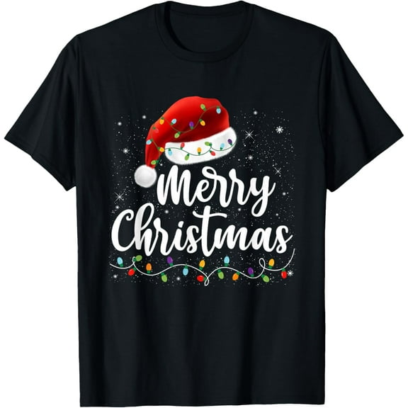 Merry Christmas Lights Red Santa Hat Xmas Family Men Women T-Shirt