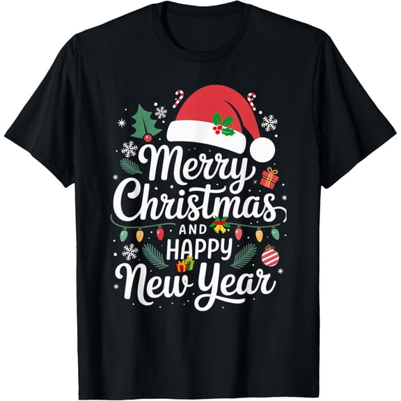 Merry Christmas Lights Red Santa Hat and Happy New Year T-Shirt Tops Tee