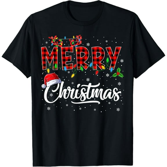 Merry Christmas Lights Santa Hat Xmas Family Men Women Kids T-Shirt